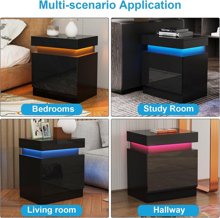 Lvhcmfohm Nachttisch Schwarz 2er Set, Nachtschrank mit Led Licht, Nachtkommode mit 2 Schubladen und
