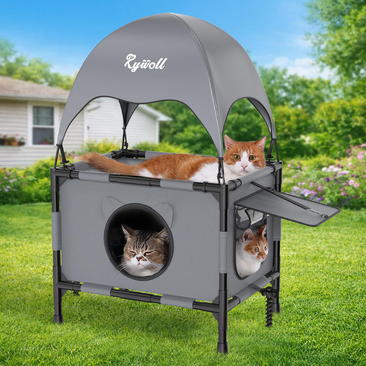Rywell Katzenhaus Outdoor mit 2 Ebenen – Atmungsaktiv & wasserabweisend mit 12 cm Bodenerhöhung, Reg