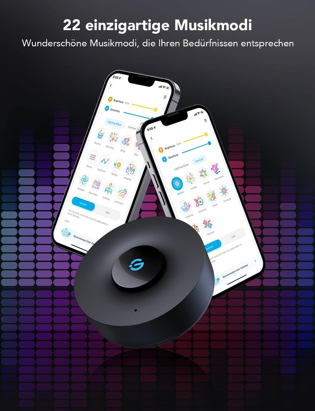 Govee Music Sync Box, Bluetooth-Gruppensteuerung für 7 Geräte, 22 dynamische Musikmodi, batteriebetr