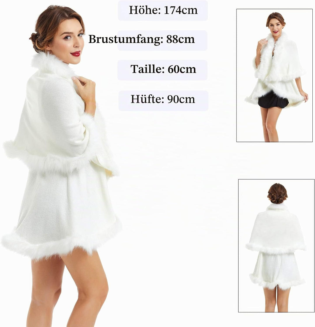 ZLYC Damen Winter Kunstpelz Poncho Strick Schal Stola Warm Cape Cardigan Weiss, Weiss