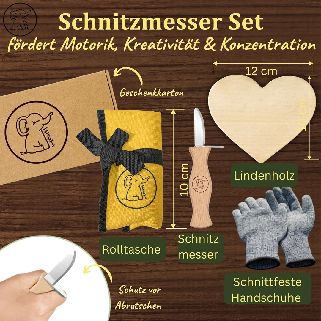 Eli® Schnitzmesser Kinder Set ab 6 Jahre inkl. Schnitzholz und schnittfeste Handschuhe - hochwertige