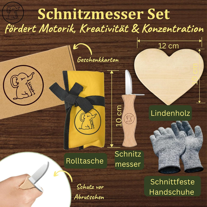 Eli® Schnitzmesser Kinder Set ab 6 Jahre inkl. Schnitzholz und schnittfeste Handschuhe - hochwertige