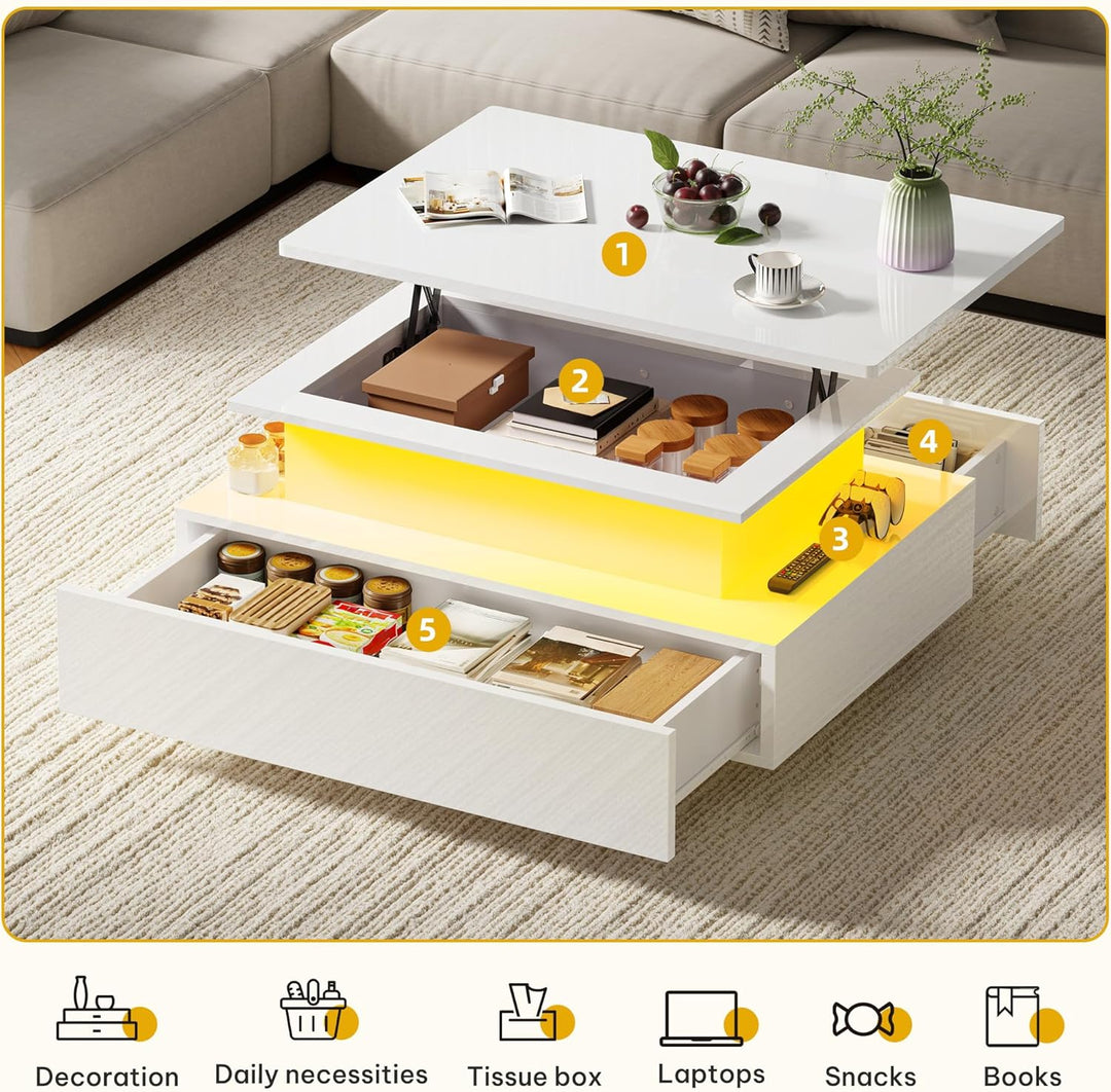 DWVO Couchtisch Hochglanz mit Schublade, Wohnzimmertisch Höhenverstellbar Modern mit 16-farbigem LED