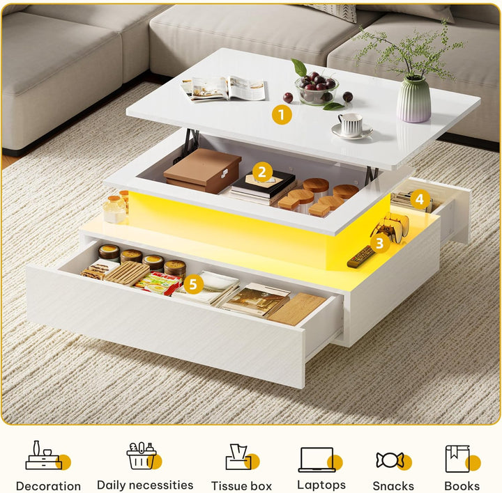 DWVO Couchtisch Hochglanz mit Schublade, Wohnzimmertisch Höhenverstellbar Modern mit 16-farbigem LED
