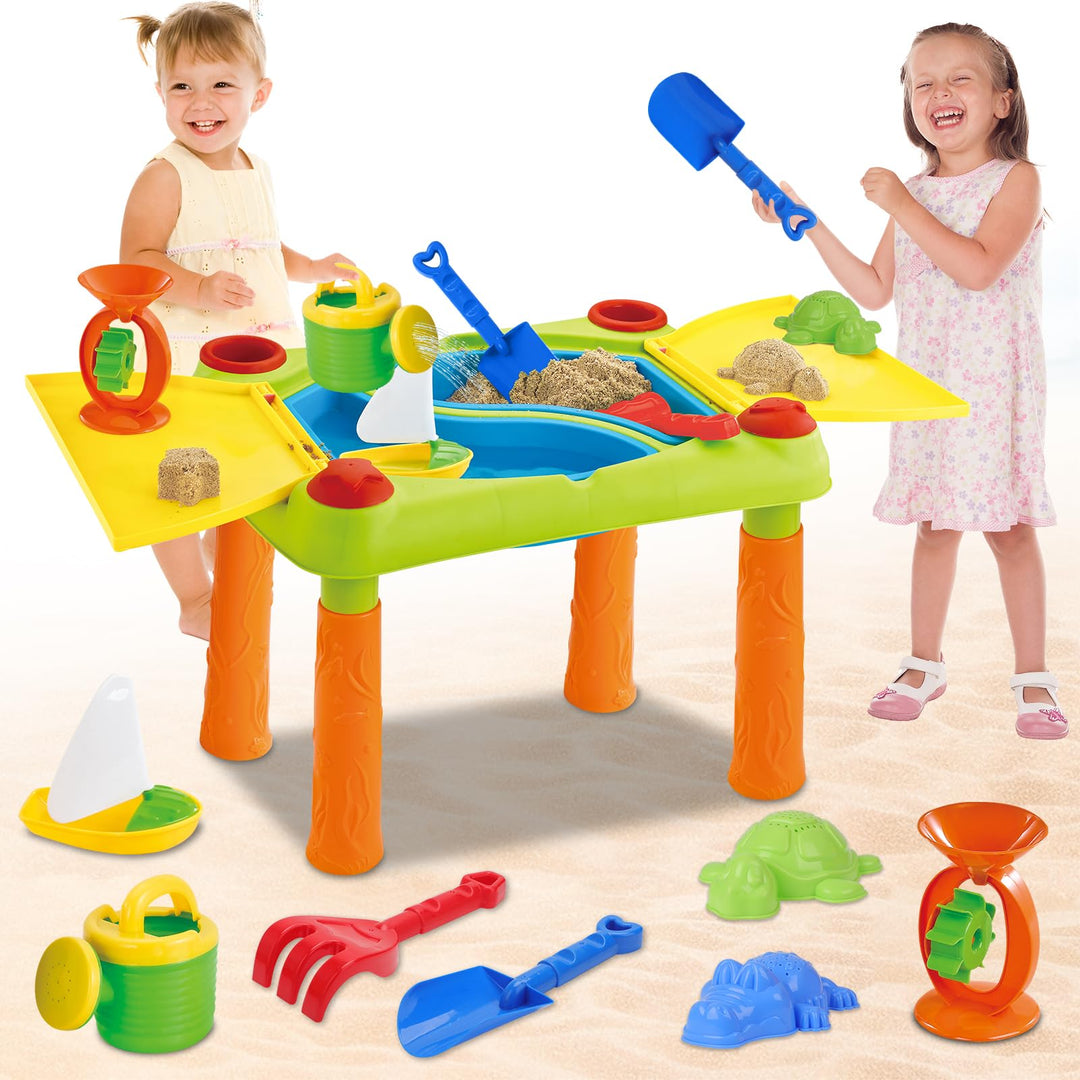 deAO Sand und Wasser Outdoor Aktivitäten Spieltisch für Kinder mit Doppelfach, Deckel und über 10 Zu