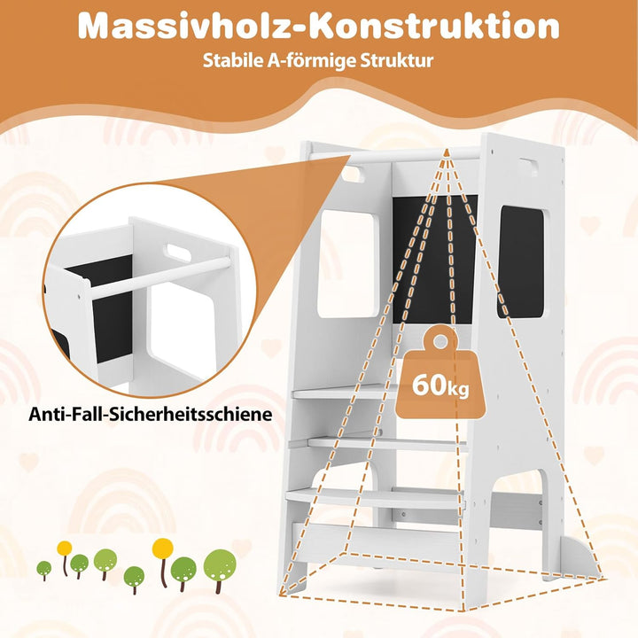DREAMADE Lernturm ab 1 Jahr, Tritthocker Holz mit doppelseitiger Tafel, Learning Tower Höhenverstell