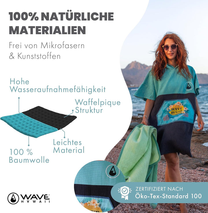 WAVE HAWAII Travel Poncho Pahoa Surfponcho Duschponcho Umkleidehilfe 100% Baumwolle für Damen Herren
