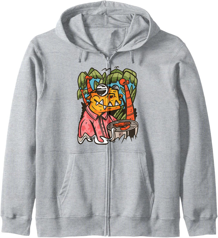 Trex Dinosaurier Barbecue Cartoon Tier Grill Essen Palmen Kapuzenjacke