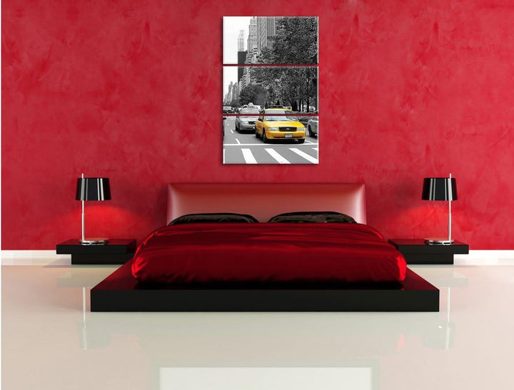 Pixxprint Taxis in New York schwarz/weiss 3-Teiler Leinwandbild 120x80 Bild auf Leinwand