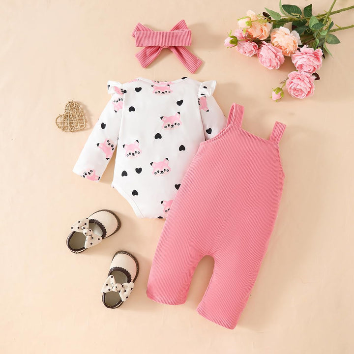 3tlg Baby Mädchen Kleidung Outfits Set Blumen Strampler Tops+ Einstellbare Overalls Pants+Stirnband