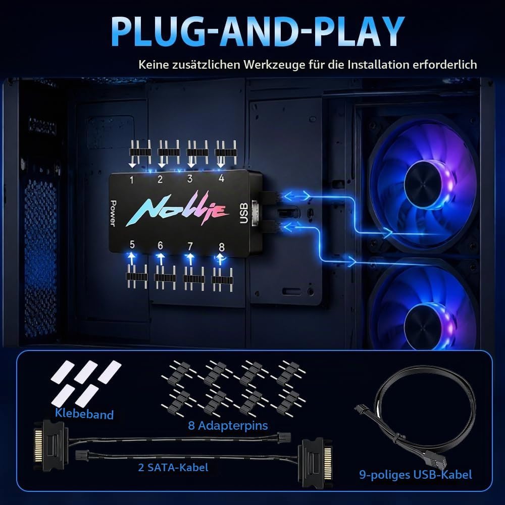 8-Port ARGB Controller, SGZIOO ARGB PWM Fan Hub, 5V 3 Pin RGB Controller PC mit 2 SATA-Kabel, Lüfter