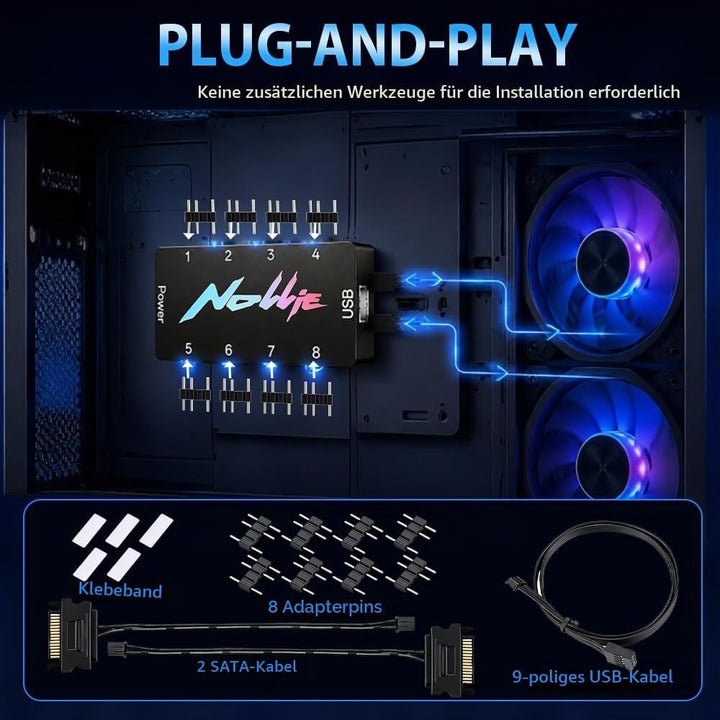8-Port ARGB Controller, SGZIOO ARGB PWM Fan Hub, 5V 3 Pin RGB Controller PC mit 2 SATA-Kabel, Lüfter