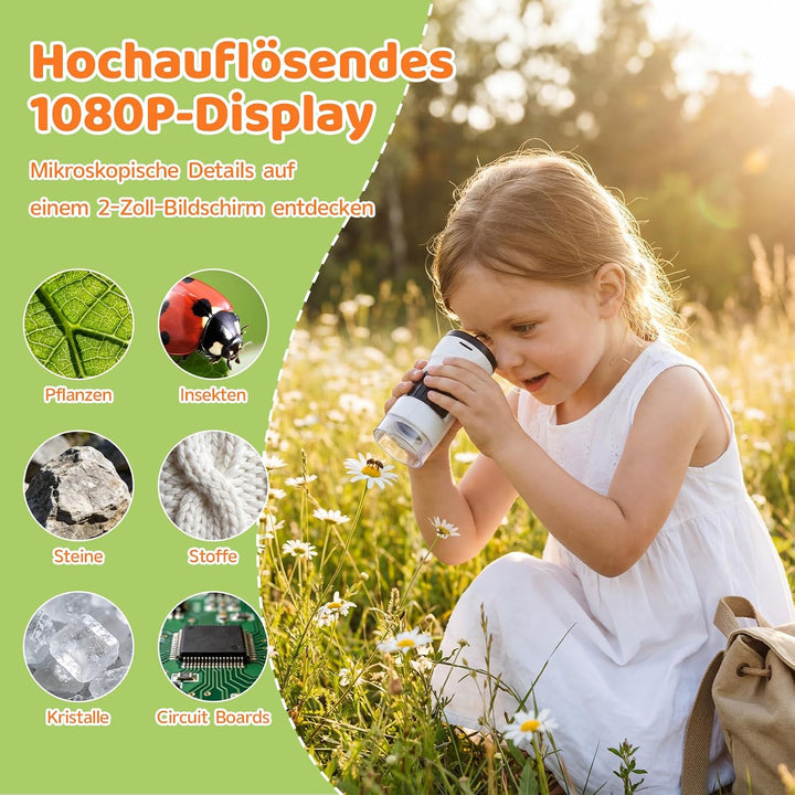 Digitales Mikroskop für Kinder mit 8GB Speicherkarte, 1000X Kinder Mikroskop mit 1080P HD 2,0" IPS‑B