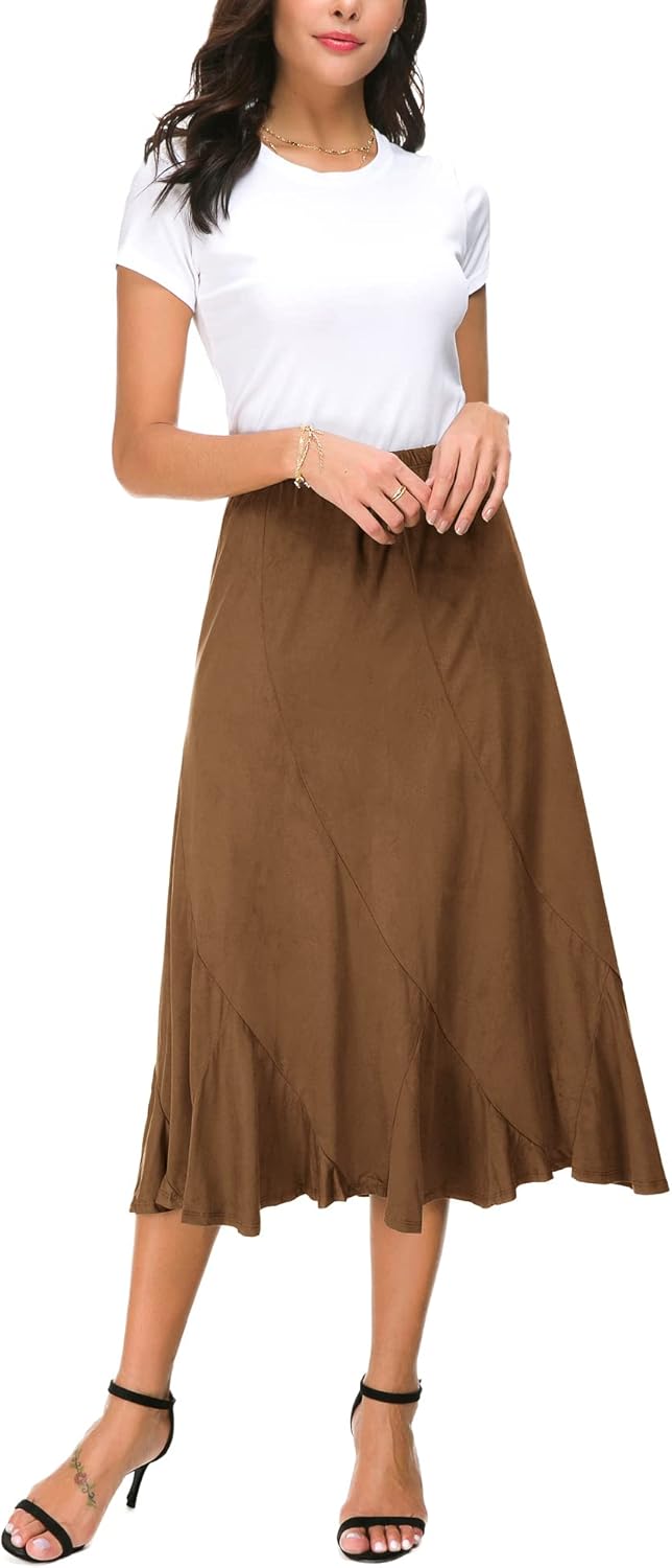Damen Elegante Elastische Taille Wildleder Lange Midi Röck Casual A-Linie Ausgestellter Swing Rocken