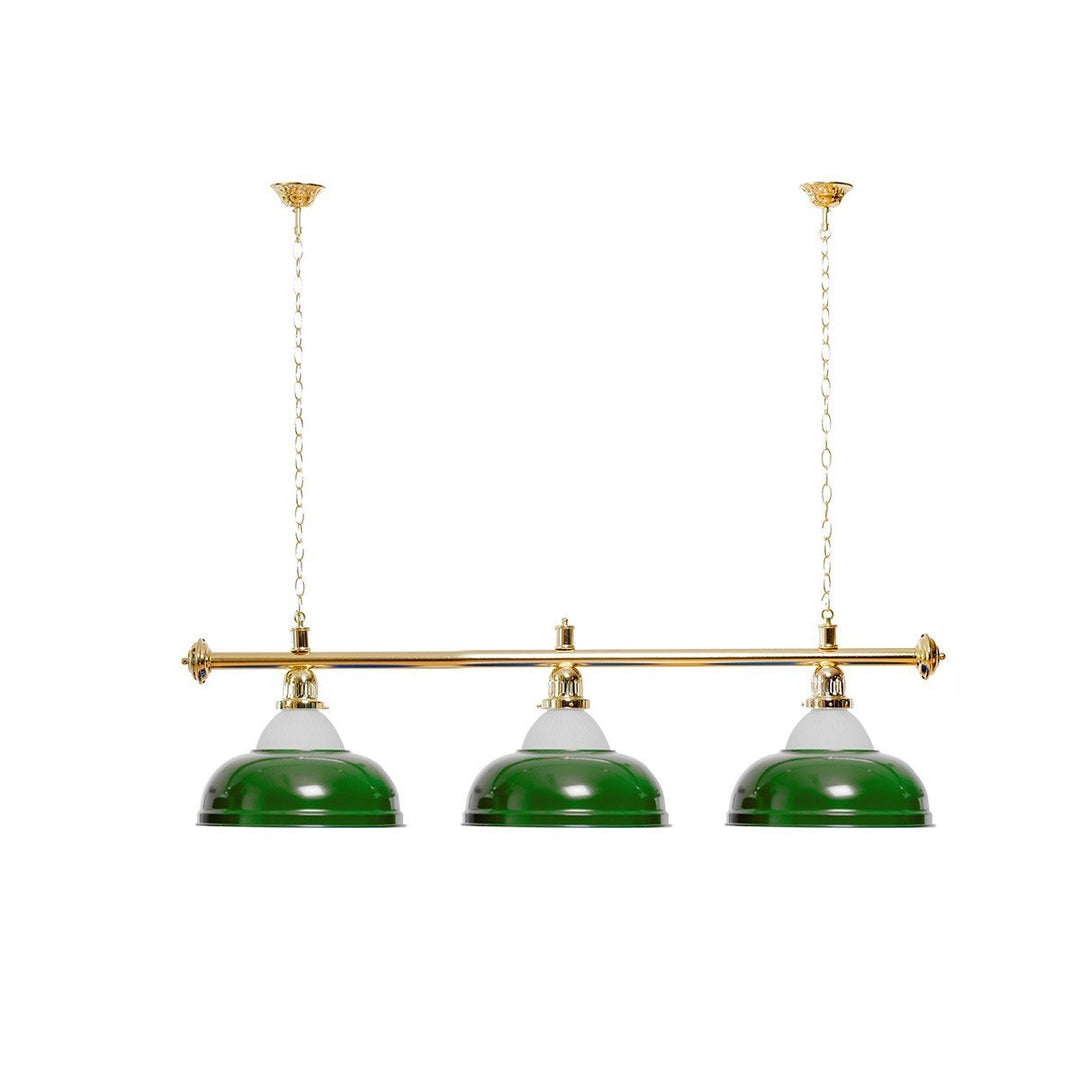 Billardlampe mit 3 Schirmen grün mit Glas Goldfarbene Halterung als Hängelampe für Billardtische, mi
