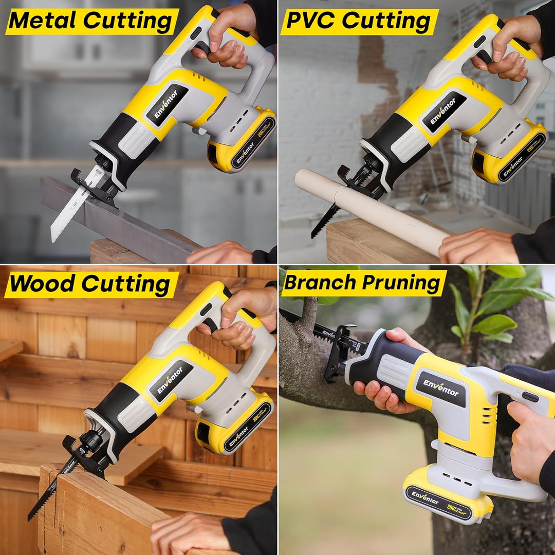 Enventor Akku Säbelsäge 20V, Universalsäge mit 2x2,0mAh Akku, Strichlänge 22mm, Variabler Drehzahl v