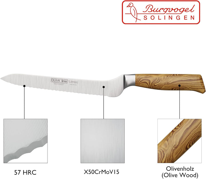 Burgvogel Solingen Brotmesser 20 cm geschmiedet Olivenholz, Oliva Line, Wellenschliff, rostfrei, hel