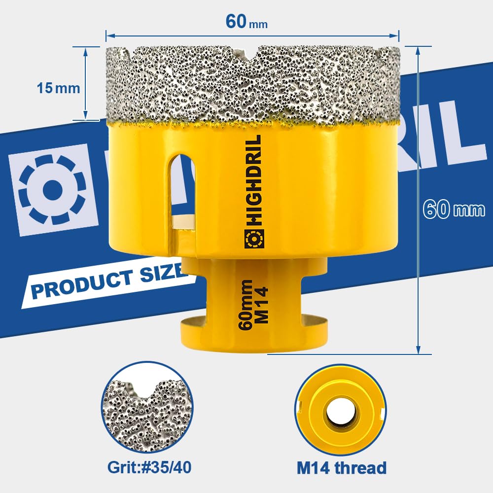 HIGHDRIL Diamant Bohrkrone - 60mm Lochsäge Fliesen M14 Gewinde für Porzellan Fliese Keramik Granit M