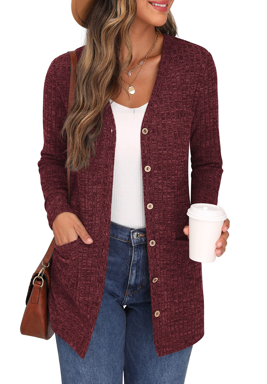GRECERELLE Damen Lang Strickjacke Herbst Leichte mit Taschen und Knöpfen Weiche Long Elegant Gerippt