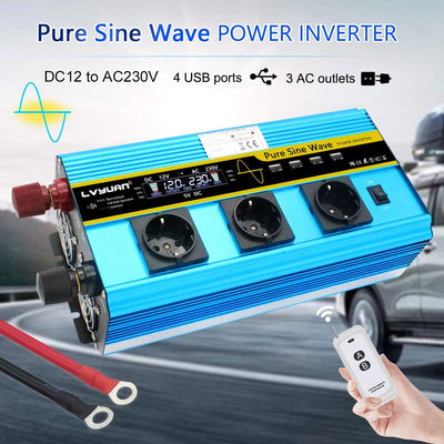 Wechselrichter 3000W /6000W Spannungswandler Reiner Sinus 12V 230V mit 3 Europäische Steckdose und 4
