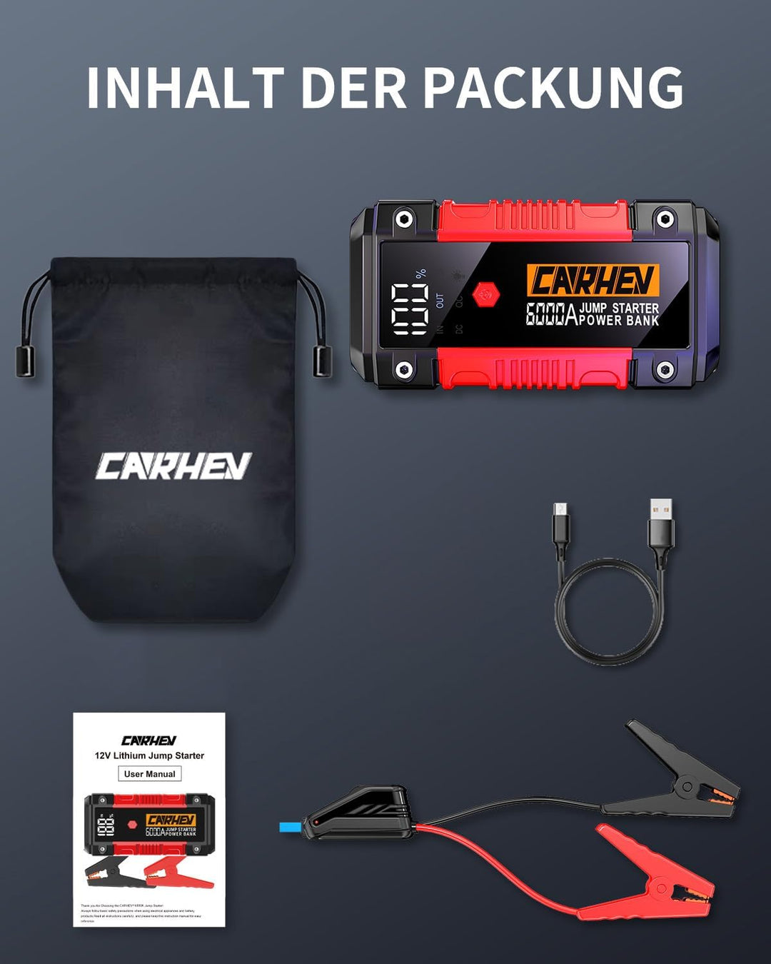 Starthilfe Powerbank für pkw, 6000A Spitzenstrom Auto Starthilfe Powerbank, 12V Starter Powerbank(Bi