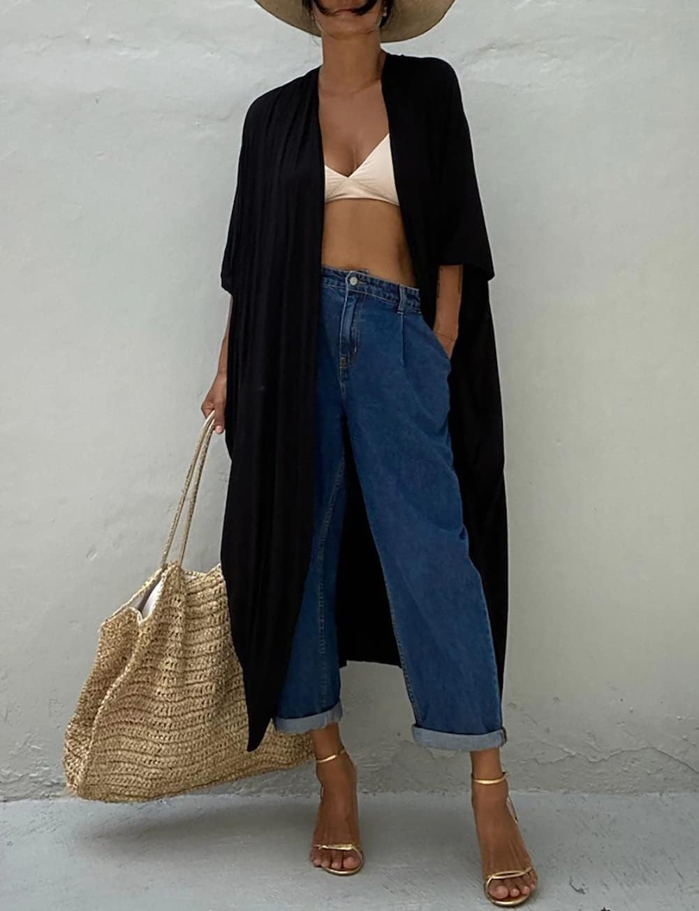 Bsubseach Damen Lange Strand Strandponcho für Bademode Sexy Bikini Beach Kimono Strickjacke A-schwar