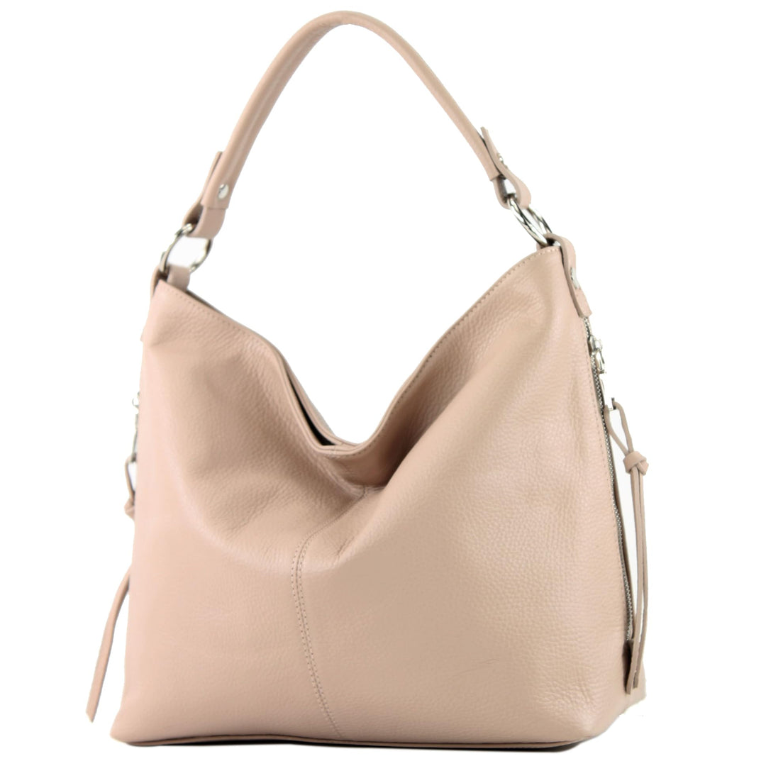 modamoda de Damen Schultertasche, Leder T160 Rosabeige Hell, Rosabeige Hell