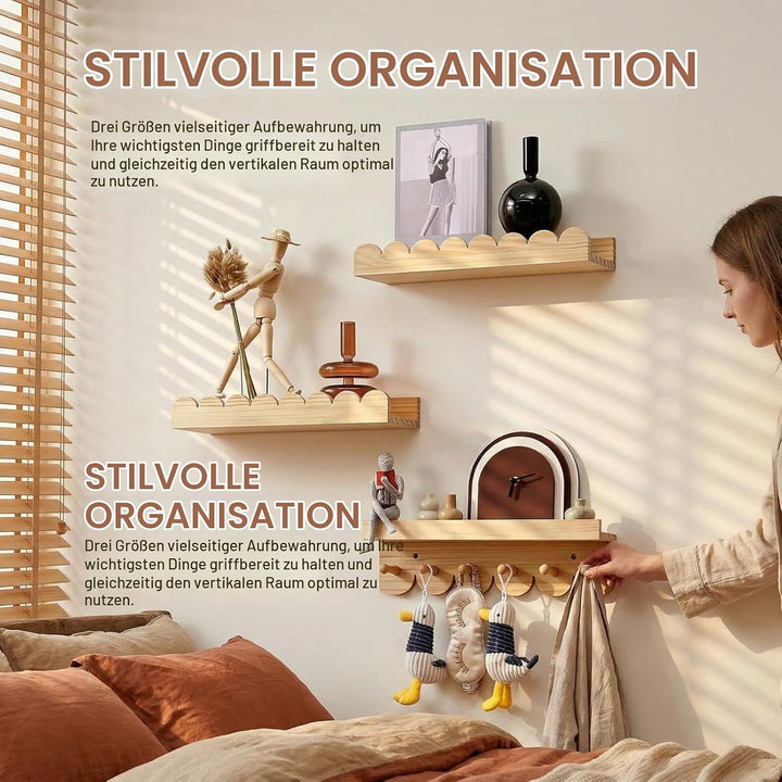 Wandregal Kinderzimmer 3er-Set Massivholz, Montessori Schwebregal 40cm mit sanften Rundungen, Bücher