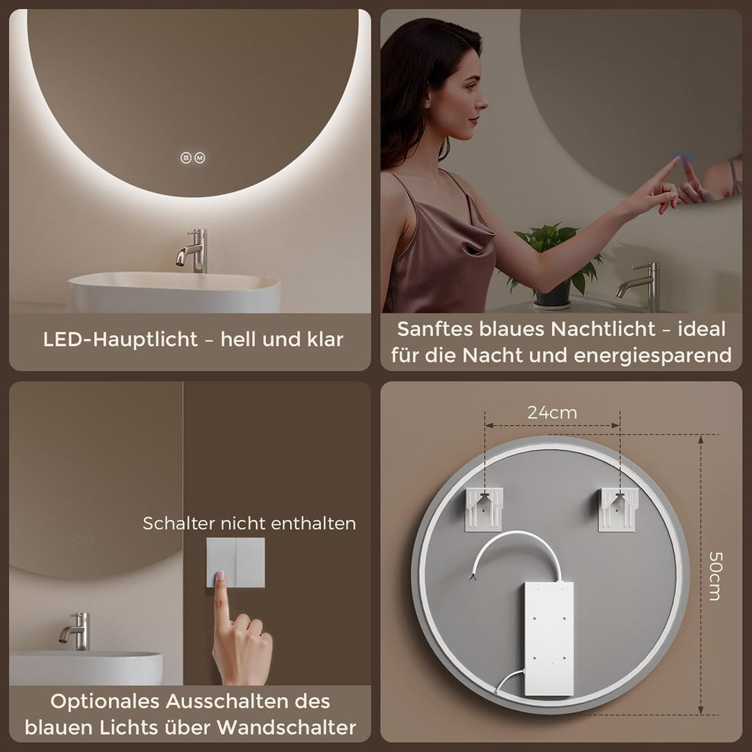 S'AFIELINA Badspiegel mit Beleuchtung Rund 50cm Durchmesser LED Badspiegel mit Touchschalter Dimmbar