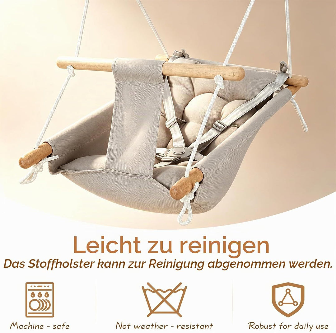 Babyschaukel 3 in 1, Holz-Hängeschaukelsitz mit Sicherheitsgurt und Baumwollkissen, Einstellbar Baby