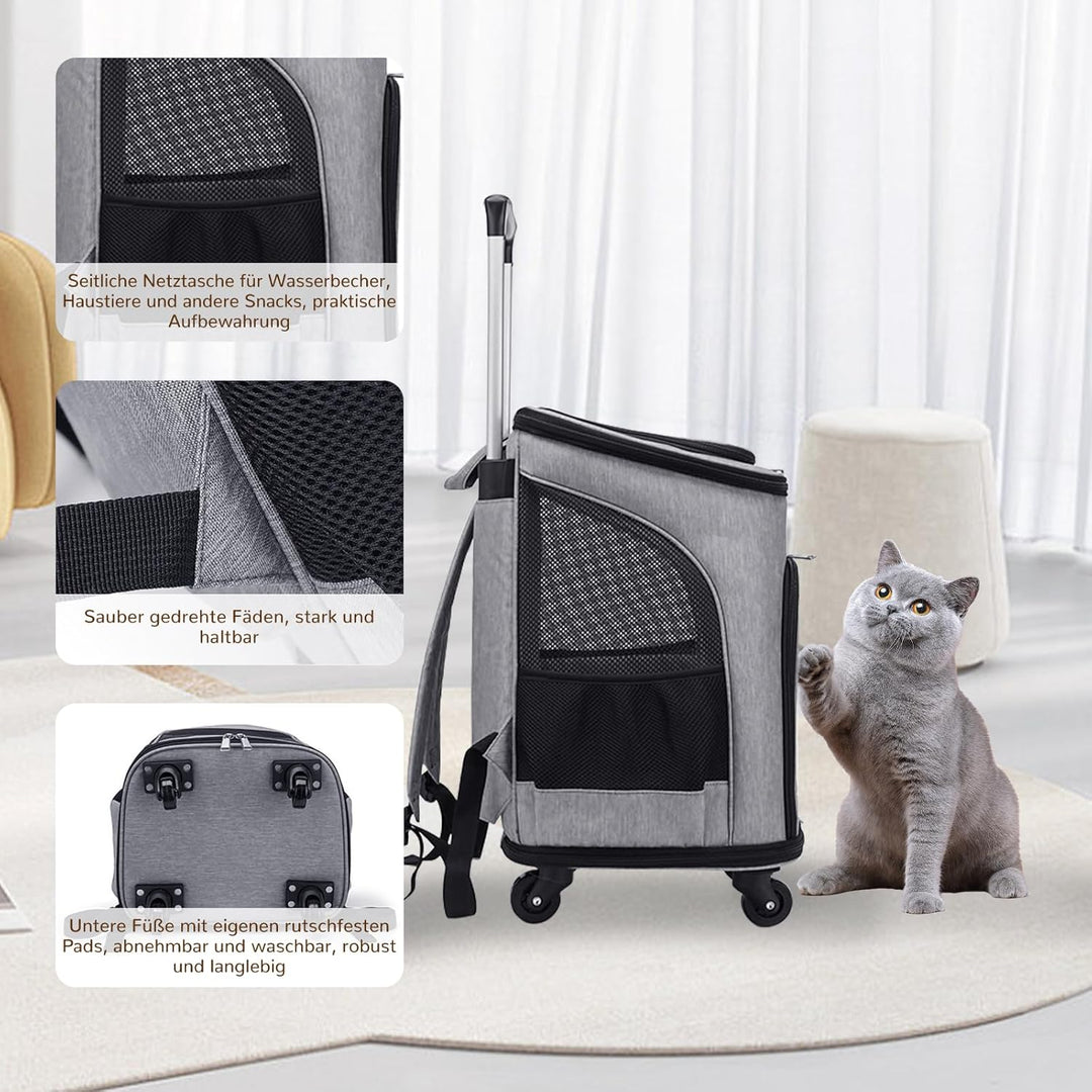 Hunderucksack mit Trolley,Katzenrucksack Trolley Hund Katze bis 10kg Leichte Hundewagen Transportbox