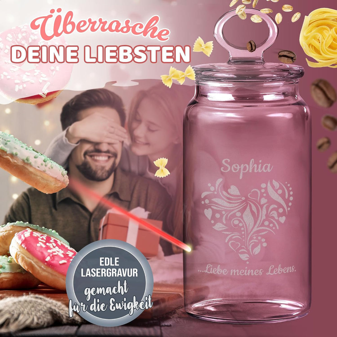 Print Royal PR Personalisierte Keksdose aus Glas mit Gravur - 1100 ml - Liebe meines Lebens mit Name