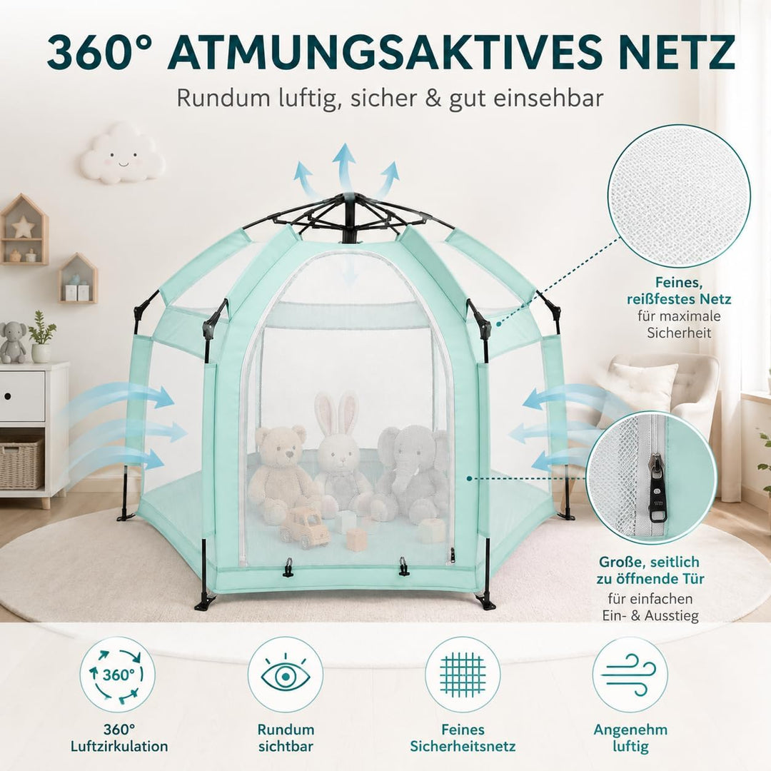Spielzelt Pop Up mit Sonnendach, 360° Mesh &amp; Tragetasche，Mintgrün, Mintgrün