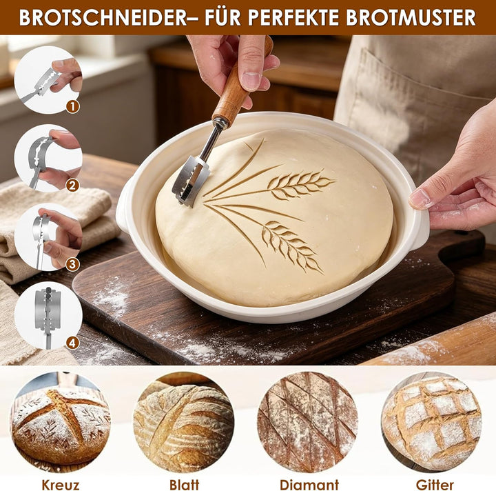 Gärkörbchen Gärkorb Set 25 cm Runde & 23cm Oval,Brot Backen Zubehör,Brot Gärkorb mit 5 Bäckermesser,