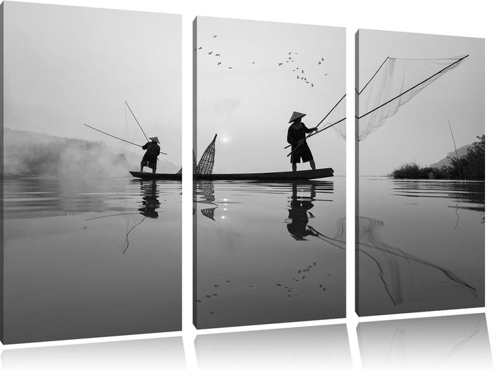 Pixxprint Fischer beim Angeln in Thailand / 3-Teilig/Gesamtmass 120cm Leinwandbild bespannt auf Holz