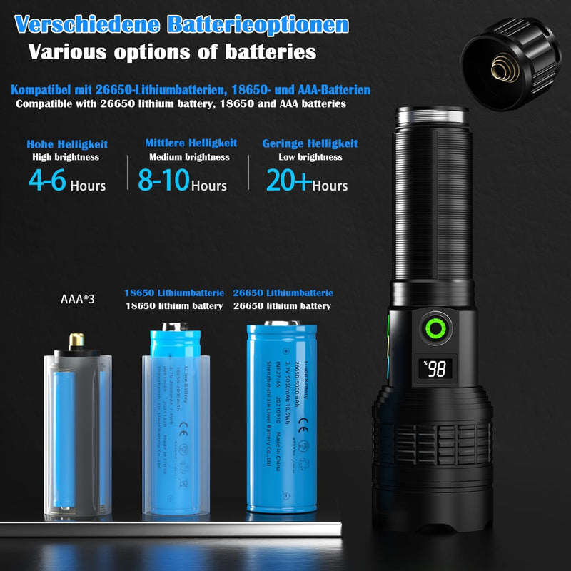 ASORT LED Taschenlampe Aufladbar, Extrem Hell 500000 Lumen, Zoombare, 6 Modi, IP67 Wasserdicht, Perf