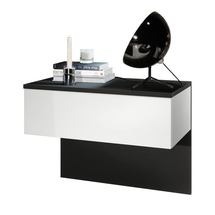 Vladon Nachttisch Sleep, Nachttischschrank mit Schublade zur Wandmontage, Schwarz matt/Weiss matt (6