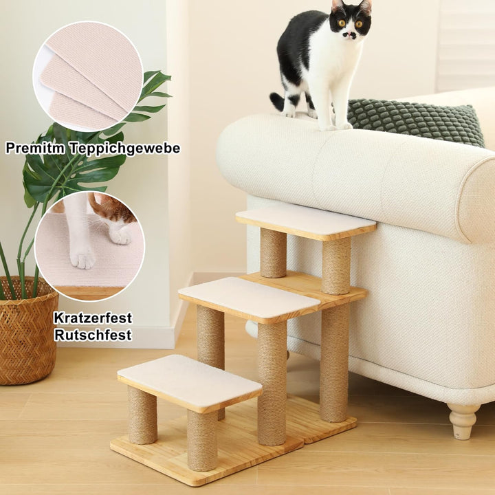FUKUMARU Hundetreppe, 3 Stufen Haustiertreppe, Katzentreppe aus Kiefernholz und Jute，18-51cm einstel