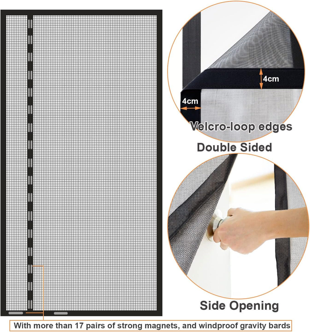 Risareyi Seitliche Öffnung Magnet Fliegengitter Balkontür 215x195cm Schwarz