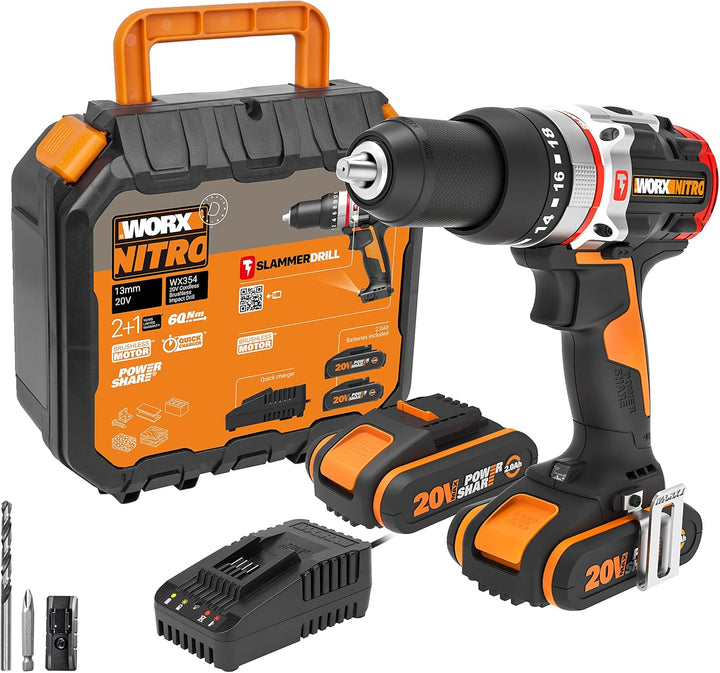 WORX WX354 Akku Schlagbohrhammer 20V - bürstenloser Motor - 18 Drehmomenteinstellung + Bohren & Hamm