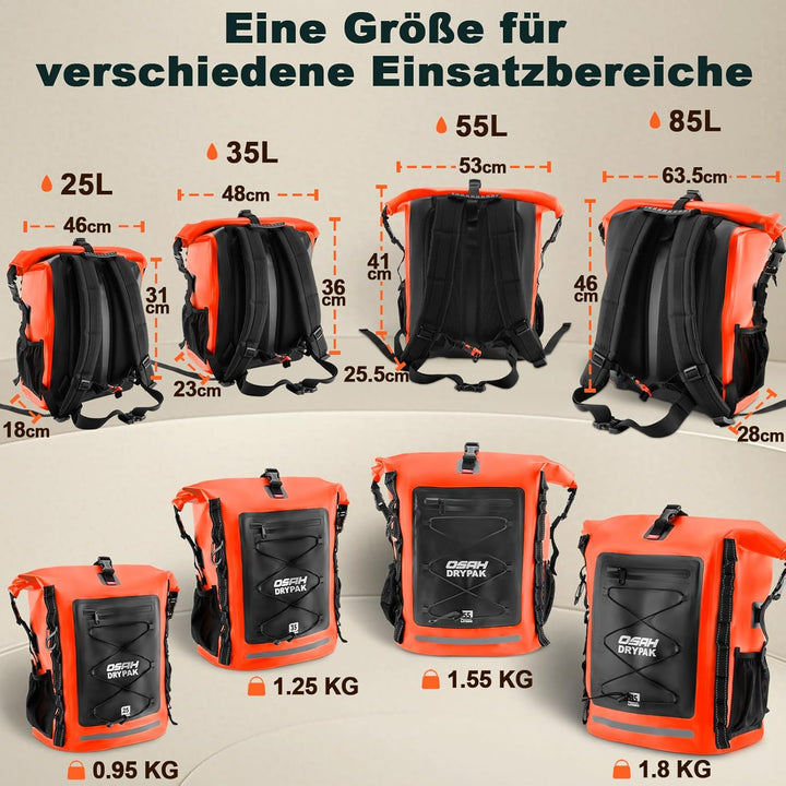 OSAH DRYPAK Wasserdichter Rucksack – 25L/35L/55L/85L Dry Bag Rolltop Outdoor Backpack mit Robustem R