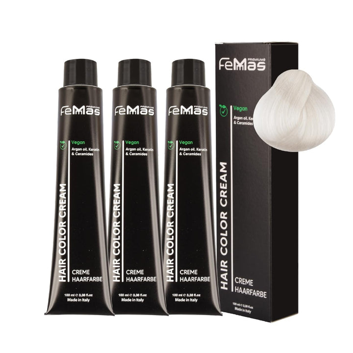 FemMas Haarfarbe Superaufheller 3x Silber 912 I Professionelle Creme Haarfarbe zur Aufhellung um bis
