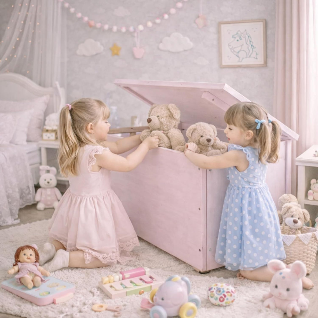 Pinus Spielzeugkiste 90x48x51 cm mit Deckel Rollen Kinderzimmer Rosa | Kiefernholz, grosse Aufbewahr