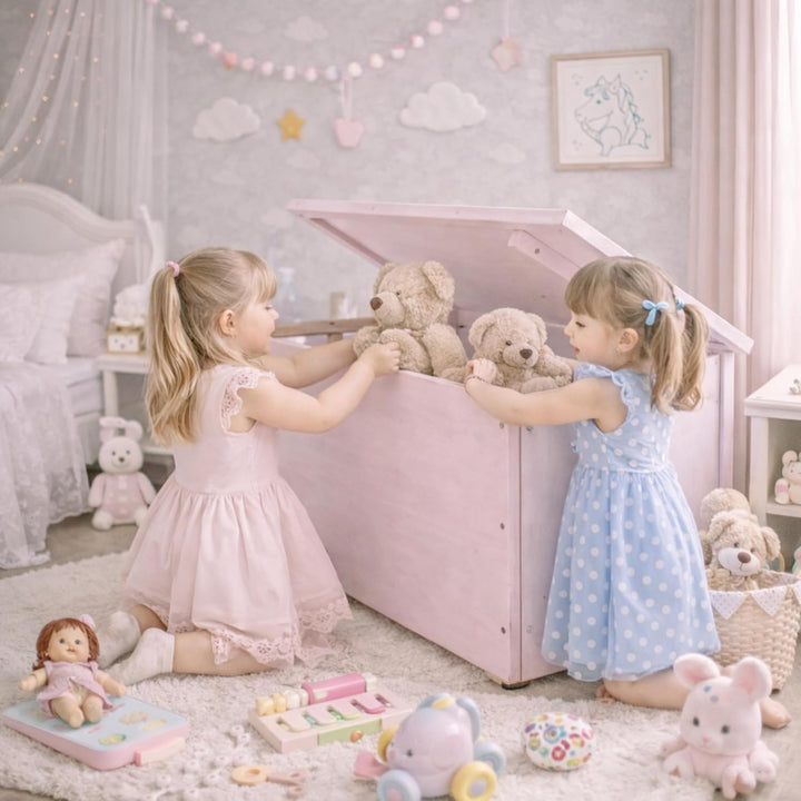 Pinus Spielzeugkiste 90x48x51 cm mit Deckel Rollen Kinderzimmer Rosa | Kiefernholz, grosse Aufbewahr