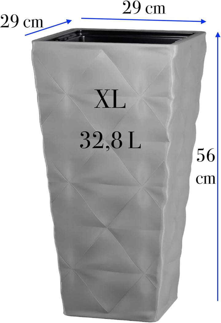 Pflanzkübel Blumenkübel mit Herausnehmbaren Einsatz Slim Hoch Quadratisch 3D Effekt Farbe: Grau XL (