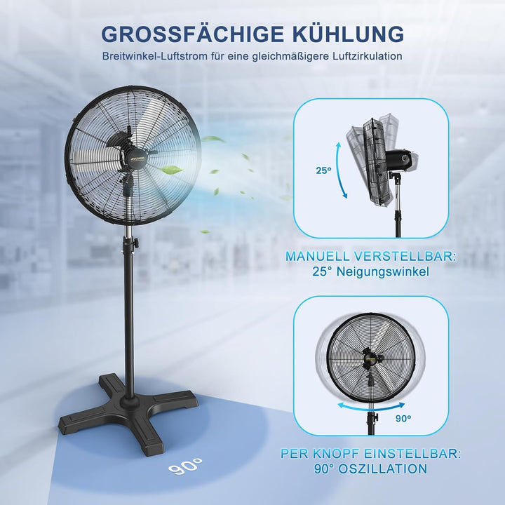 Industrieller Outdoor-Standventilator 50 cm mit Fernbedienung, BLDC Motor (bürstenlos), 90° Oszillat