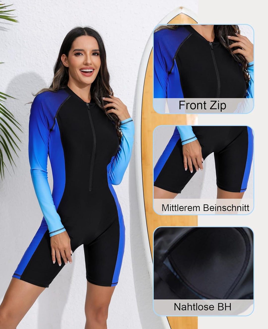 Halcurt Damen Langarm Badeanzug mit BH Rash Guard UPF 50+ Reissverschluss Schwimmshirt Surf UV Shirt