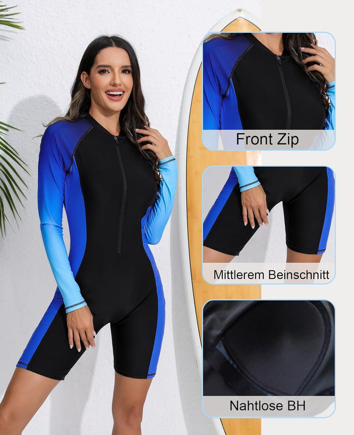 Halcurt Damen Langarm Badeanzug mit BH Rash Guard UPF 50+ Reissverschluss Schwimmshirt Surf UV Shirt