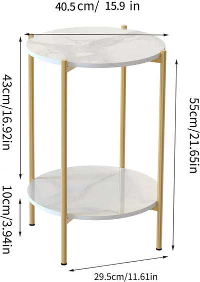 FATIVO Beistelltisch Gold Marmor Rund: 2-Ablagen Skandinavisch Beistelltisch Weiss Nachttisch 40.5×4