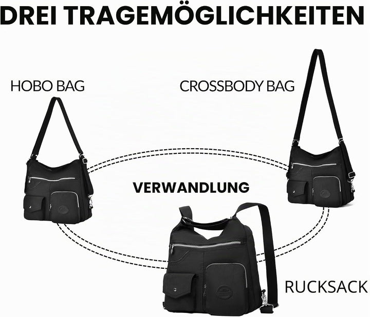 Multipurpose Hobo Purse for Women with Antitheft RFID, Waterproof Nylon Crossbody Bag Shoulder Handb